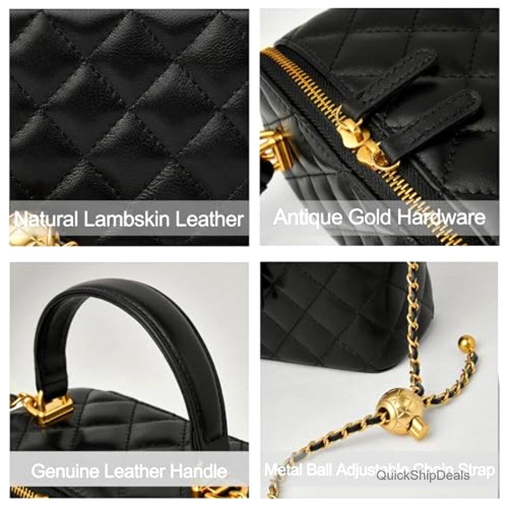 Small Quilted Leather Crossbody Bag With Chain Strap Mini Top Handle Purse - Picture 3 of 7
